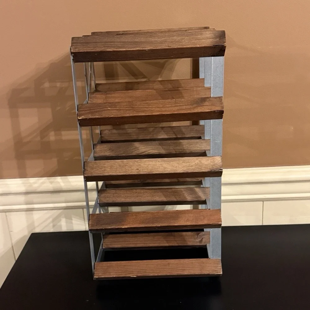 Vintage MCM Wood Metal Wine Rack 8 Bottle Scandinavian Wall Counter Bar